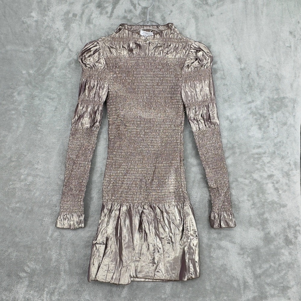 & Other Stories Dress Womens 2 Smocked Metallic Mini Rose Gold Iridescent Party